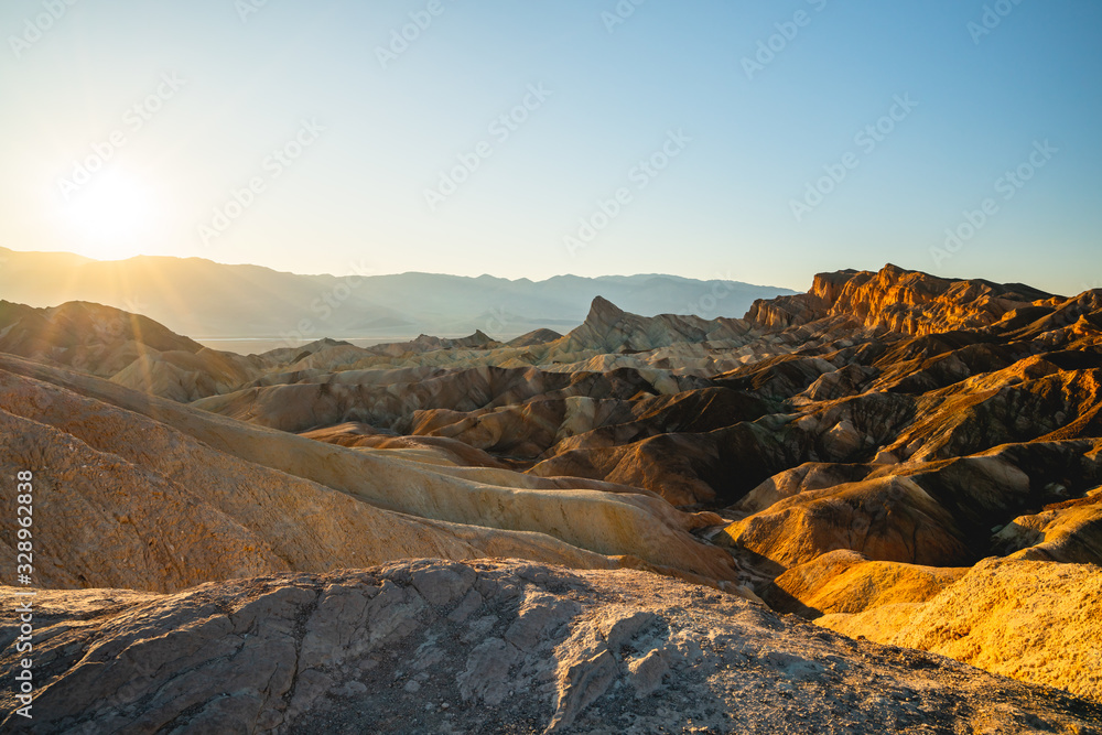 Red Canyon, Manly Beacon, sunset. Zabriskie Point Loop in Death Valley National Park, California