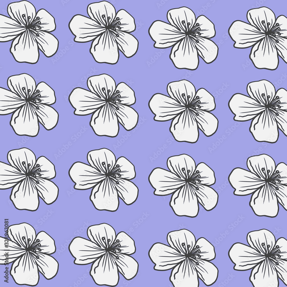 Cherry blossom blue pattern blooming spring white flowers floral botanical background illustration for card design