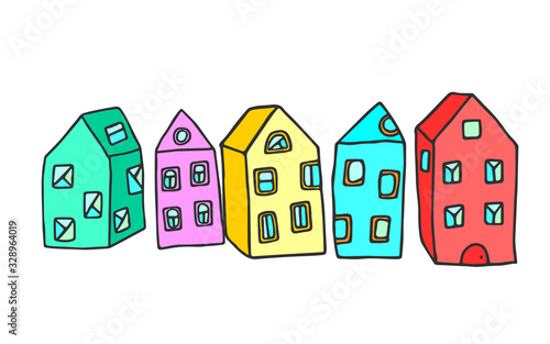 Vector drawings of five cute houses. City multistorey houses.