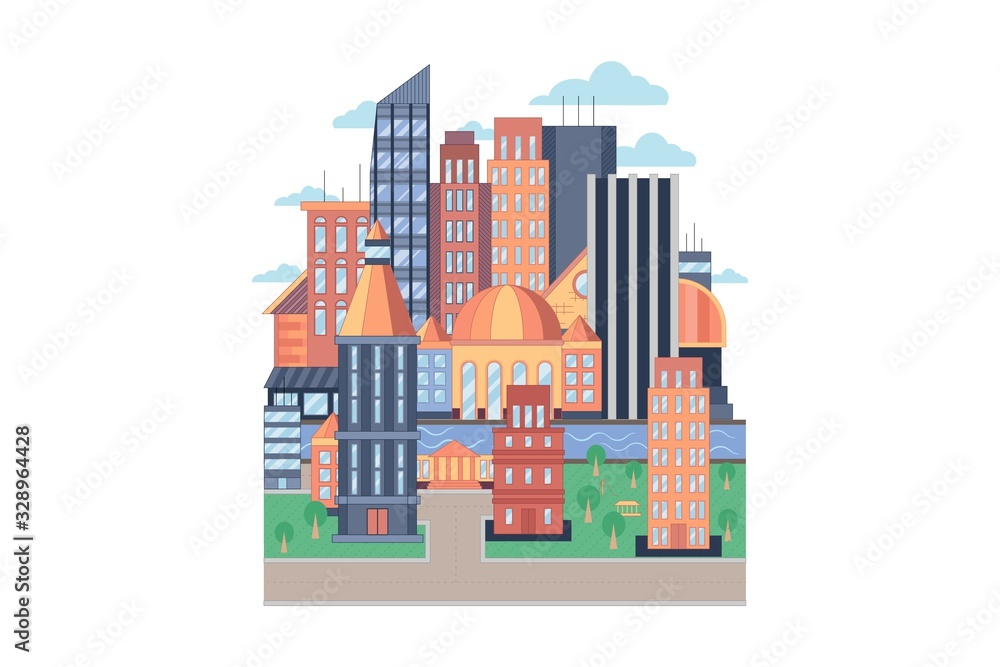 City vector geometric flat style illustration. City street or block. Colorful pattern of town with river, buildings, roads and skyscrapers. Vector illustration isolated on white background.