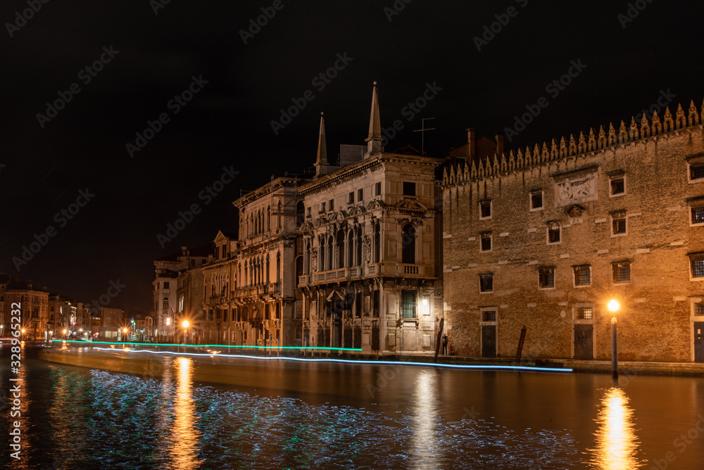 View on Canal Grande at Night, Boats passing by, Venice/Italy
