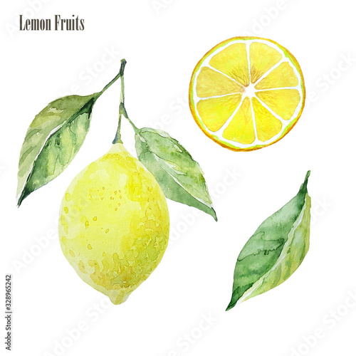 Lemon clipart set. Watercolor illustration. Lemon fruit, lemon slice, green leaves. Ideal for packaging eco products, scrapbooking, eco-style party design, logo, wrap. High quality 300 dpi.