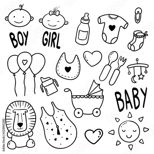 baby hand drawn, kids doodle set