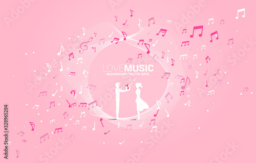 man give gift box to girlfriend with flying music note. Concept background for song and love music concert theme.