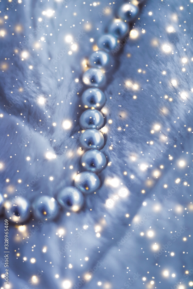 Pearl jewellery on fur background, winter holiday and fashion - obrazy, fototapety, plakaty 