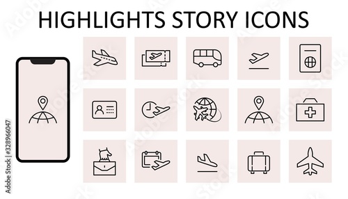 Set of Airport Related Vector Line Icons. Contains such Icons as Globe, Departure, Plane, Bus, Tickets, Baggage Claim, Calendar, Kit and more. Editable Stroke. 32x32 Pixels.