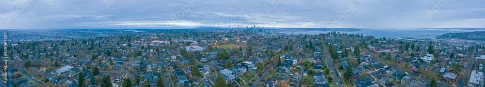 Seattle Queen Anne Housing Neighborhood Aerial Panormaic Cityscape
