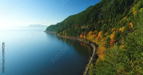 Sunny Day Bellingham Washington Chuckanut Drive Coastline Aerial Landscape Autumn Forest