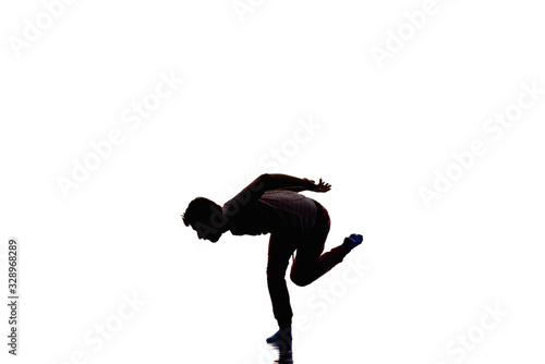 Man is dancing in the studio on a white background