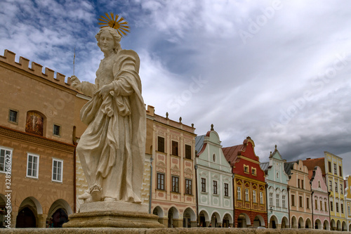 TELC, CZECH REPUBLIC . On 4 May 2019. View on the Telc town square with renaissance and baroque colorful houses. Statue of St. Margaret . World heritage site by UNESCO. Europe. European travel.
