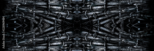 Metal knight swords horizontal background. Close up. The concept Knights.