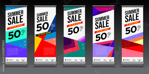 summer sale colorful geometric, fluid and curve background for roll banner. Summer sale 50% discount banner.