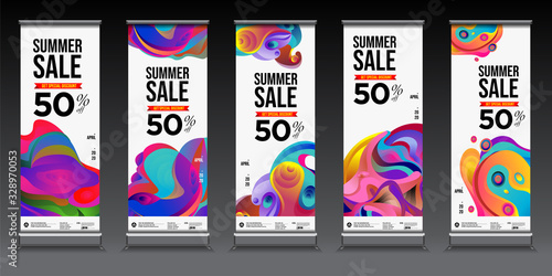 summer sale colorful geometric, fluid and curve background for roll banner. Summer sale 50% discount banner.