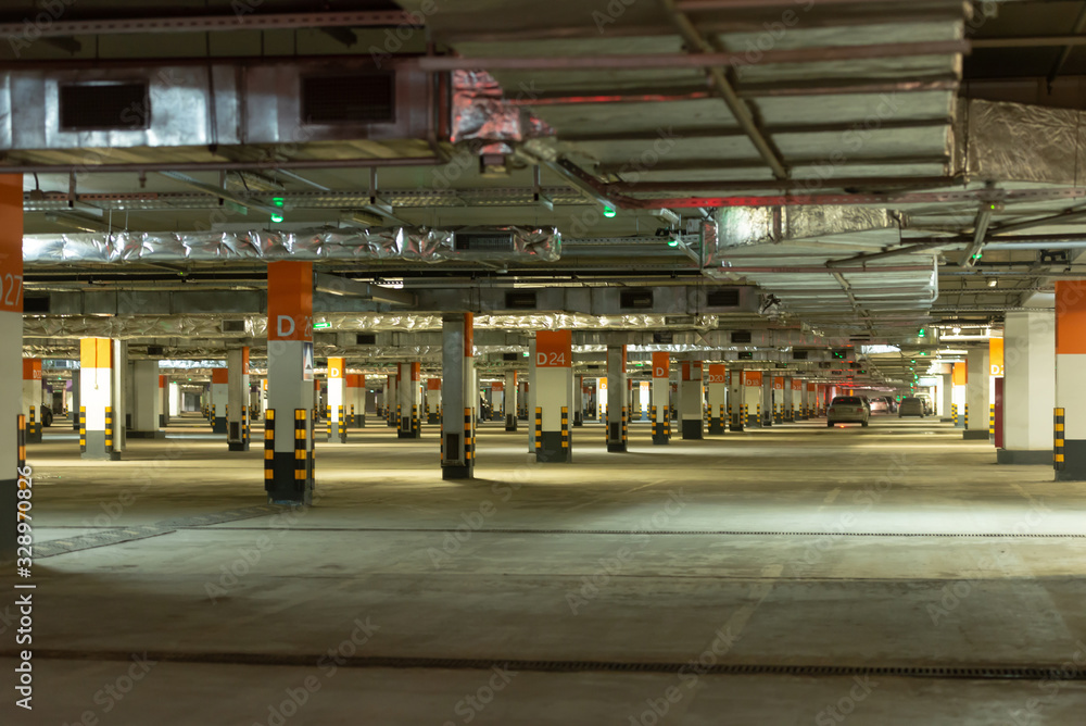 Underground parking. Empty Parking spaces . Under the Mall.