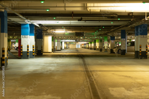 Underground parking. Empty Parking spaces . Under the Mall.