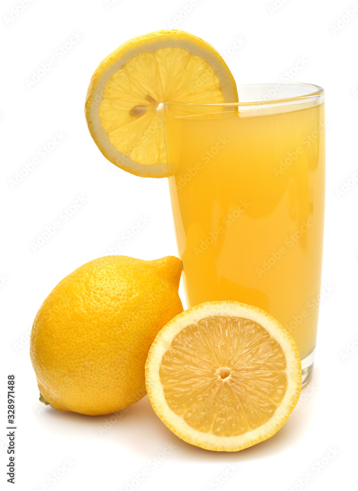 Lemon whole and slice with juice fruit isolated on white background. Perfectly retouched, full depth of field on the photo. Top view, flat lay Lemon whole and slice with juice fruit isolated on white background. Perfectly retouched, full depth of field on the photo. Top view, flat lay