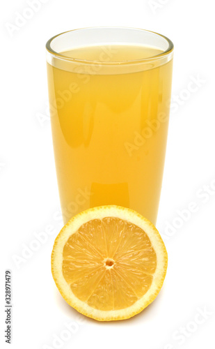 Lemon slice with juice fruit isolated on white background. Perfectly retouched, full depth of field on the photo. Top view, flat lay