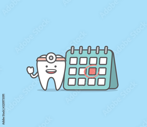 Dental cartoon of a tooth doctor and calendar illustration cartoon character vector design on blue background.  Dental care concept.