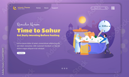 Flat illustration Sahur or eat early morning before fasting day on landing page template