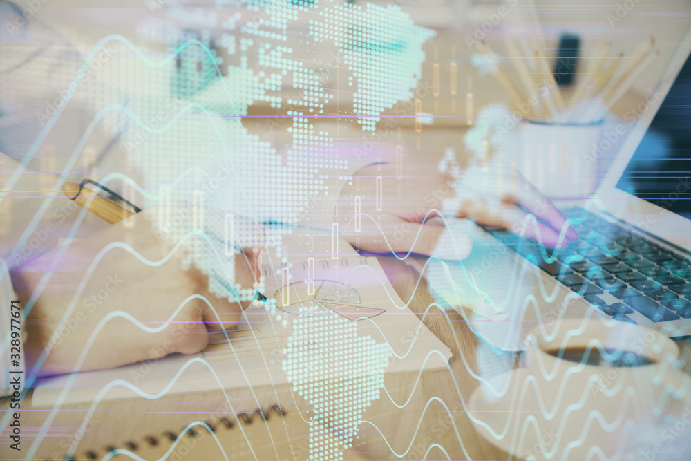Multi exposure of stock market graph with man working on laptop on background. Concept of financial analysis. Multi exposure of stock market graph with man working on laptop on background. Concept of financial analysis.