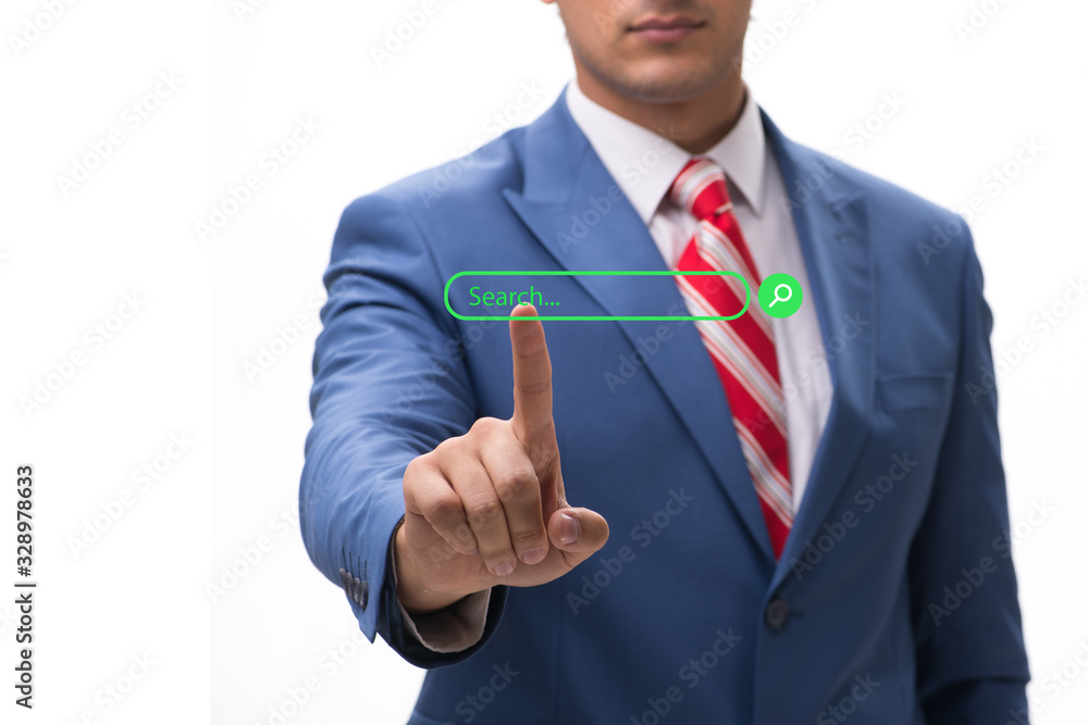 Search concept with businessman pressing button Search concept with businessman pressing button