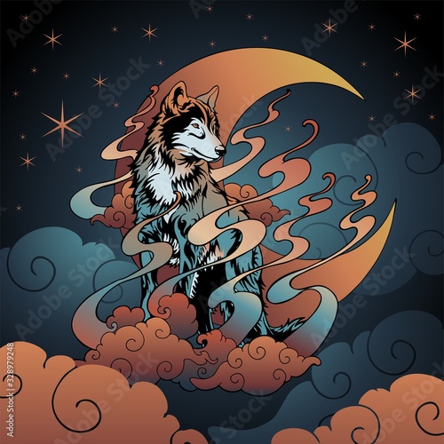 wolf and Crescent moon with cloud and star in night digital  painting with Blood moon color tone background