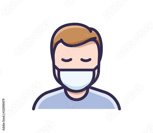 Person in medical face protection mask. Vector icon of a depressed and tired man wearing a protective surgical mask. illustration for concepts of disease, sickness, alergies, pollution, flu, virus