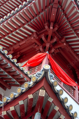 Singapore, January 16, 2020, Architecture of Buddha relic temple with Singapore urban city skyline