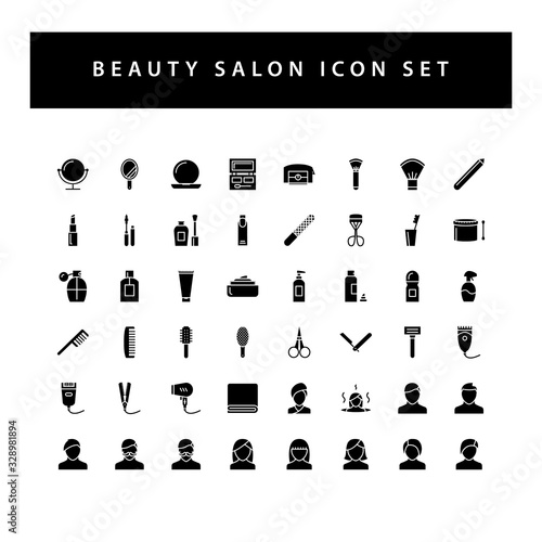 Beauty salon icon set with black color glyph style design.