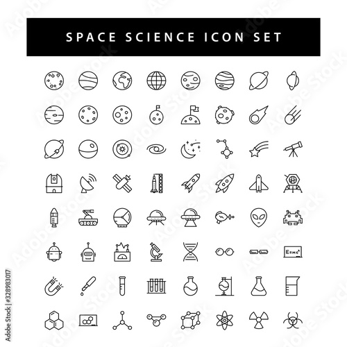 space and science icon set with black color outline style design.