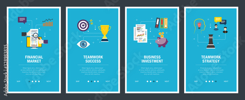 Financial market, teamwork success, business icons.