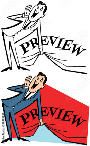 A cartoon of a businessman pulling up a curtain to give you a sneak preview. 
