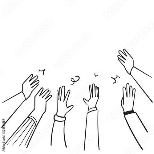 hand drawn People raise hands up applause clapping for vote volunteer and cheering concept. Doodle vector design.