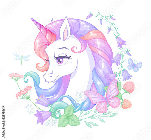 Beautiful white unicorn with pink horn surrounded with flowers and butterflies. Isolated vector illustration.