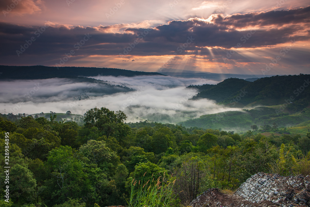 Phu Pha Nong, Landscape sea of mist  in border  of  Thailand and Laos, Loei  province Thailand.