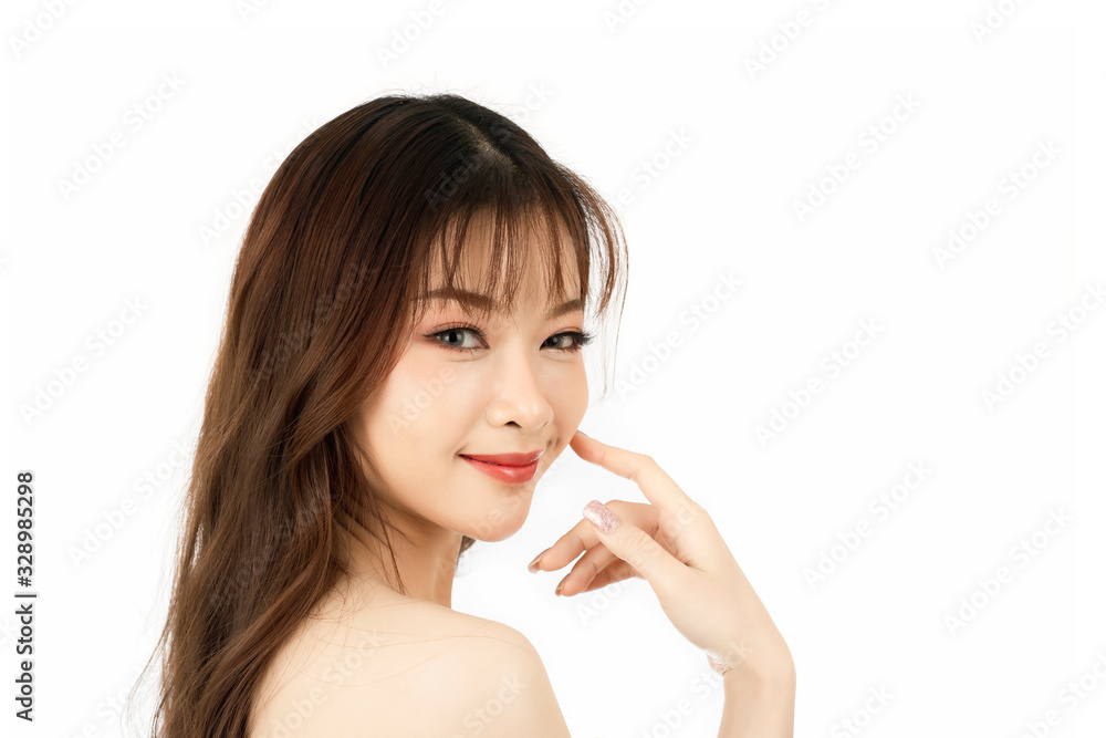 Portrait of attractive young woman with beauty skin and face isolated on white background. Healthy skin and face care concept. Portrait of attractive young woman with beauty skin and face isolated on white background. Healthy skin and face care concept.