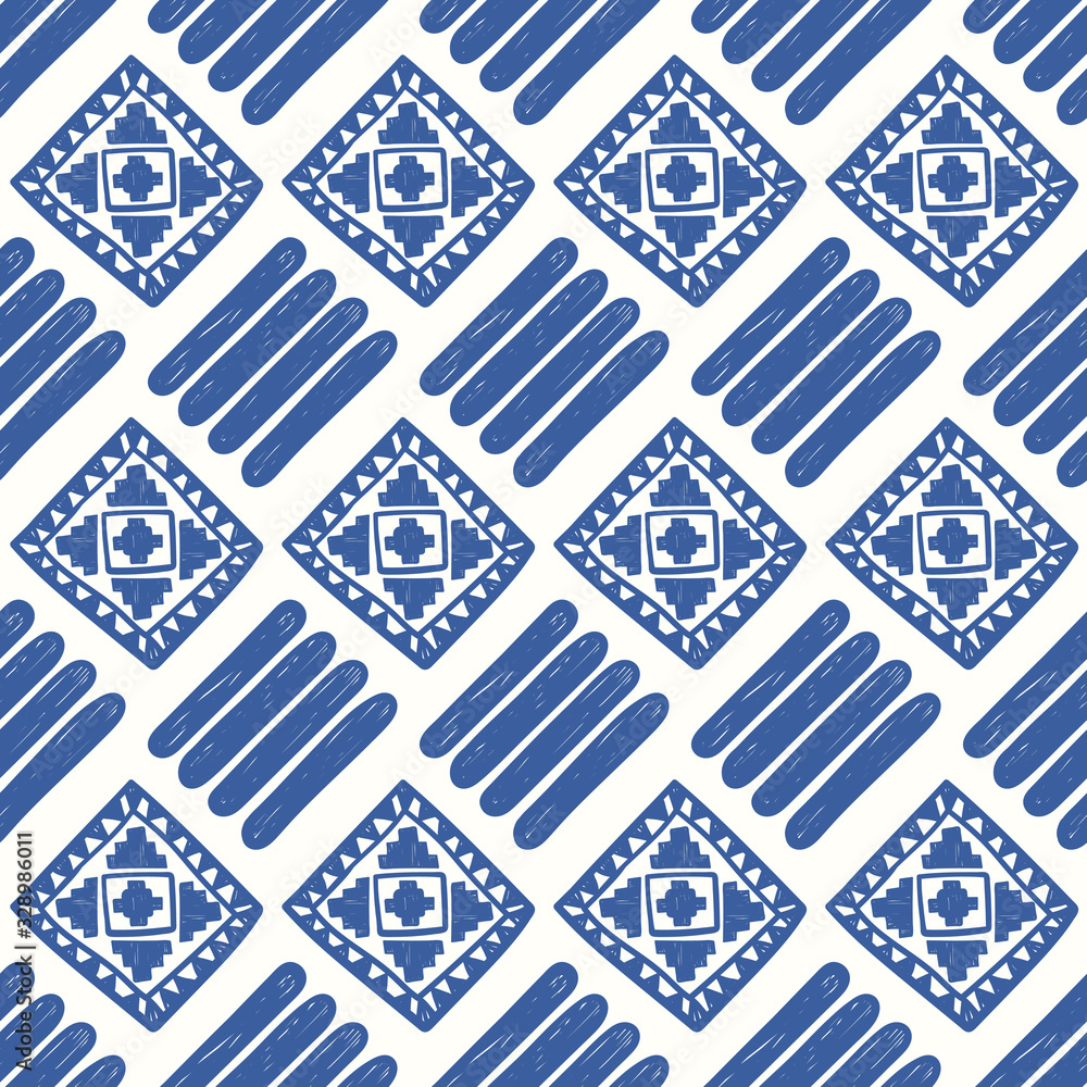 vector blue ethnic square and askew rounded four lines seamless pattern on white