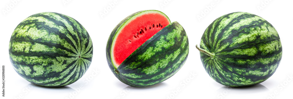 Closeup three round striped watermelon isolated on white background . Closeup three round striped watermelon isolated on white background .