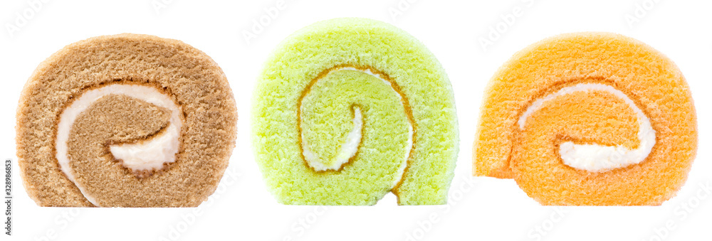 Set of cake roll slices ( brown cocoa or chocolate, orange, green pandan, ) with cream isolated on white background. 