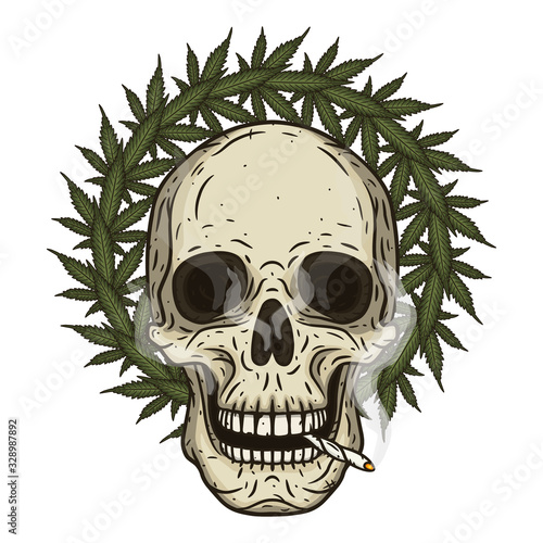 Skull with marijuana leaves. Rastaman skull with cannabis leafs and spliff
