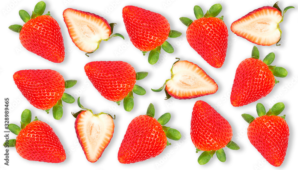 Whole and half slice of fresh red strawberry isolated on white background. Top view. Whole and half slice of fresh red strawberry isolated on white background. Top view.