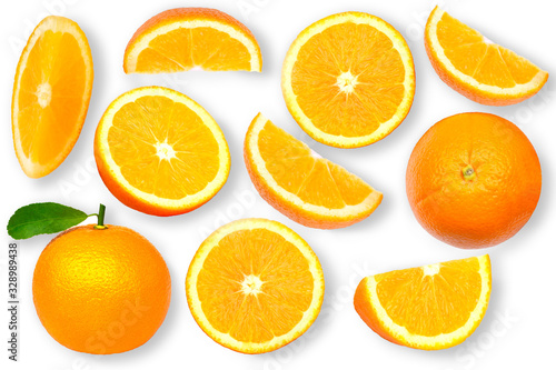 Whole and slice orange fruit isolated on white.