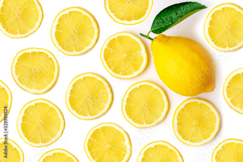 Whole and slice yellow lemon isolated on white background. 