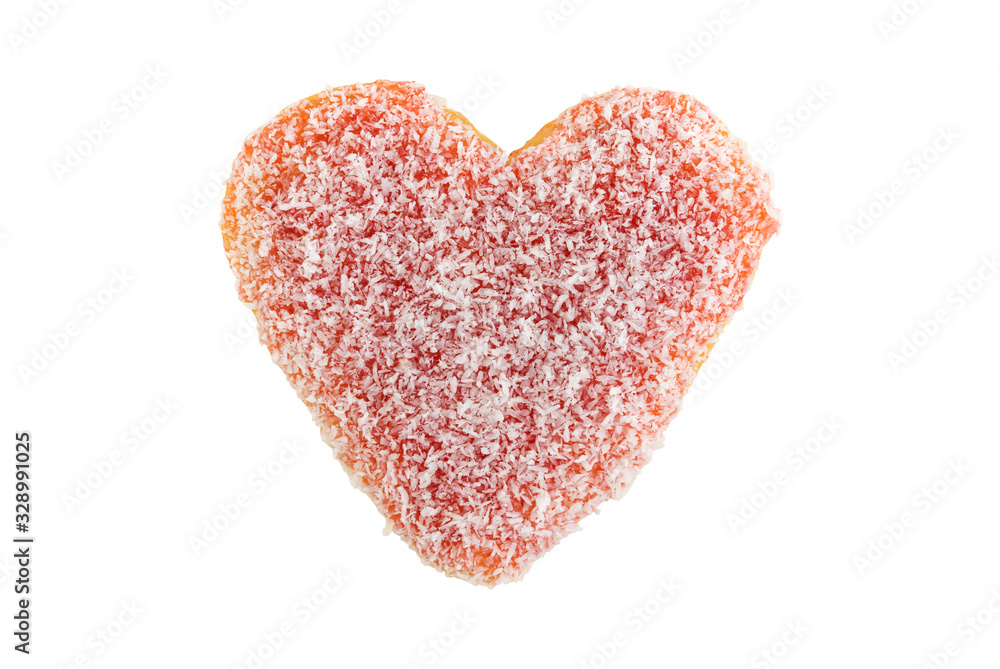 coconut with strawberry jam glazed heart doughnut isolated on white background