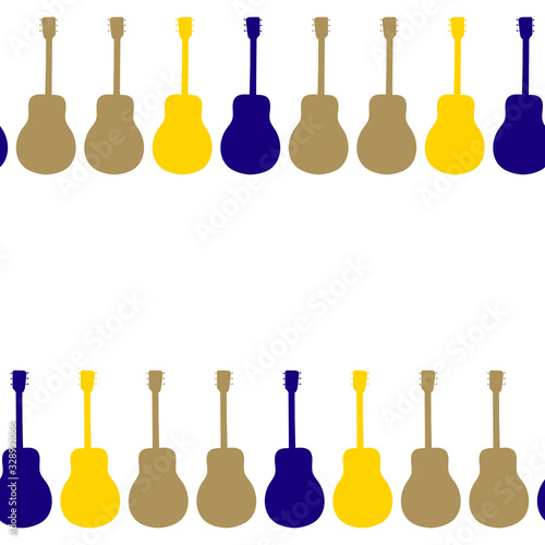 Guitar seamless border. Stringed musical instrument. Vector illustration of colored guitar on a white background. Space for text