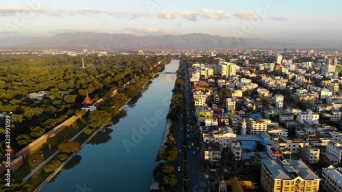 Aerial view to Nandawun Park and the cityscape of Mandalay, Myanmar