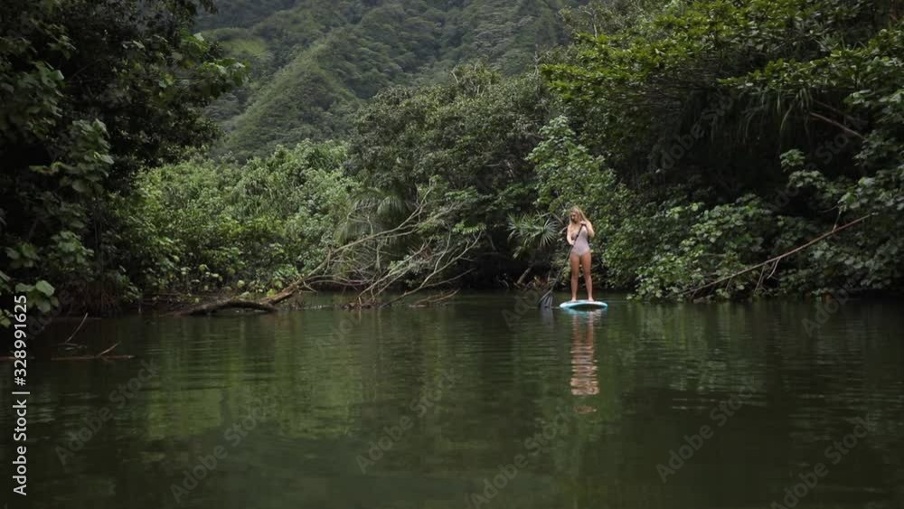 A Woman Paddleboarding up a River with Breathtaking Hawaii Scenery A Woman Paddleboarding up a River with Breathtaking Hawaii Scenery