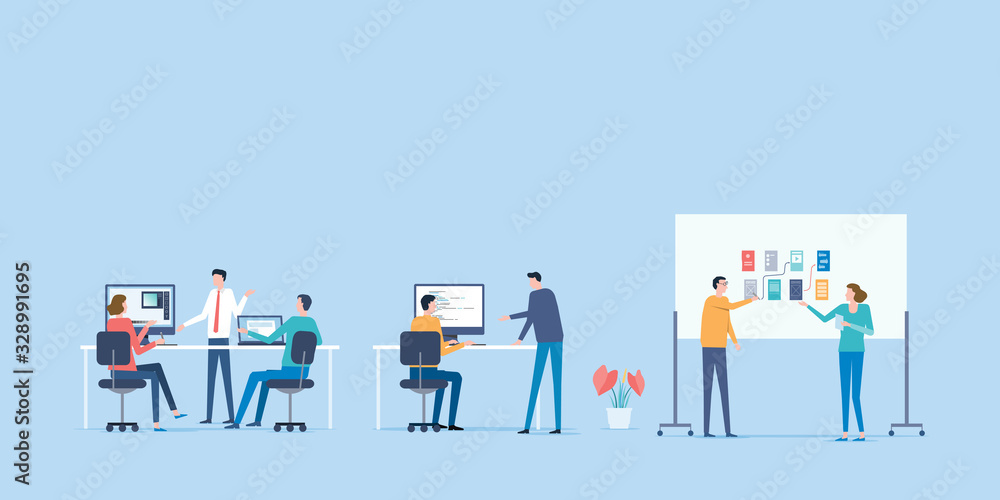 flat vector business team working and project collaboration process ...