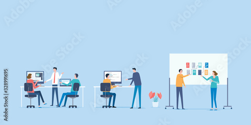 flat vector business team working and project collaboration process meeting concept
