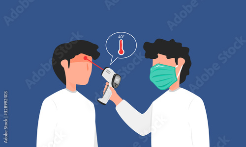 Graphic illustration about Man using infrared thermometer, Medical equipments. Flat design